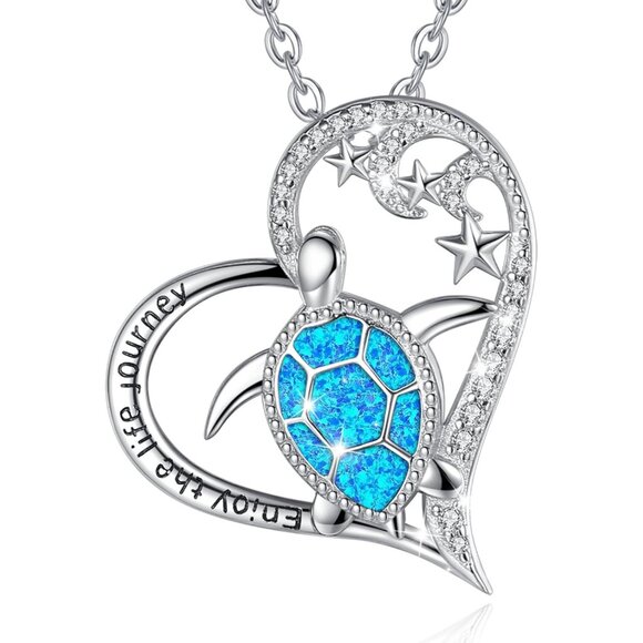 Jewelry - 925 Sterling Silver Turtle Necklace with Heart Blue Opal Ocean Jewelry for Women